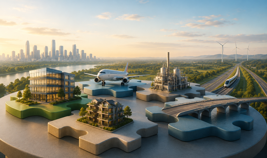 beeld met vliegtuig en een skyline