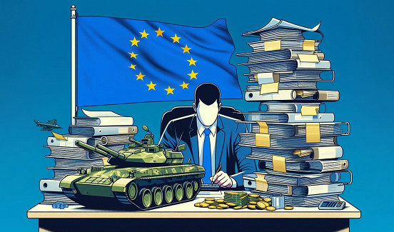 Getekende man aan een bureau met documenten